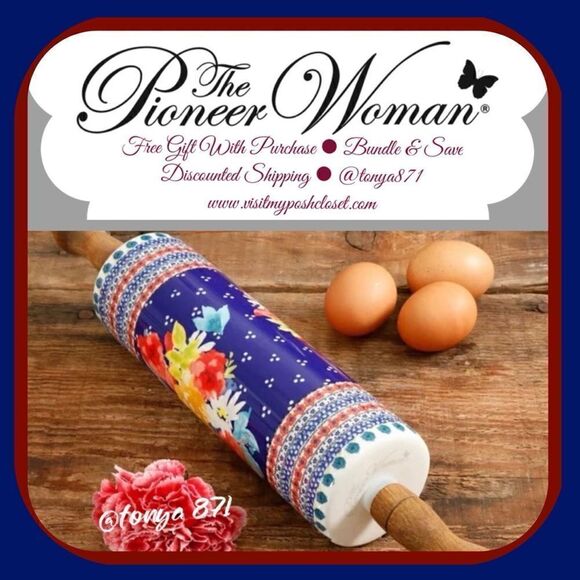 🦋 RARE 🦋 EUC Pioneer Woman Fiona Ceramic Rolling Pin, Blue - Picture 1 of 8